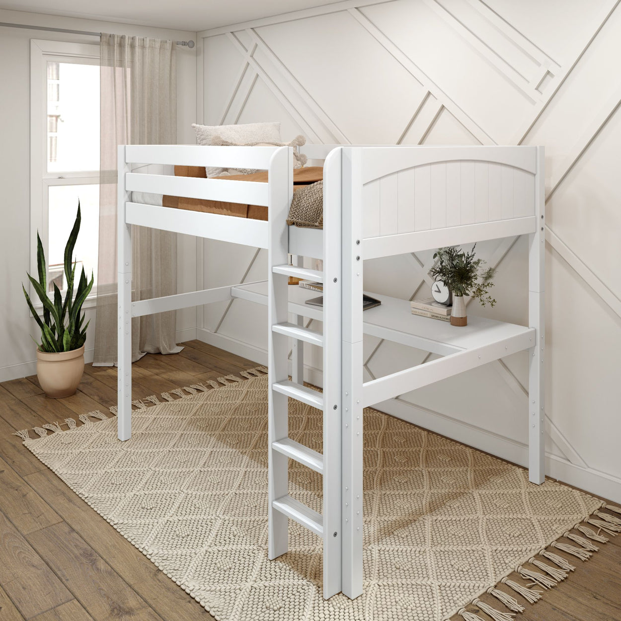 White loft bed with ladder in modern bedroom, featuring a cozy rug and minimalist decor.