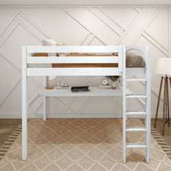 White loft bed with desk and ladder in modern bedroom interior design.