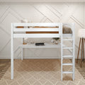 White loft bed with built-in desk and ladder in a modern neutral kids bedroom with textured rug and lamp