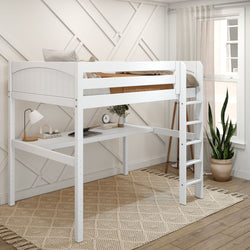 Stylish white loft bed with integrated desk and ladder in modern bedroom design.