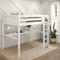 White loft bed with built-in desk and ladder in a modern neutral kids bedroom, textured beige rug, potted snake plant, geometric wall trim