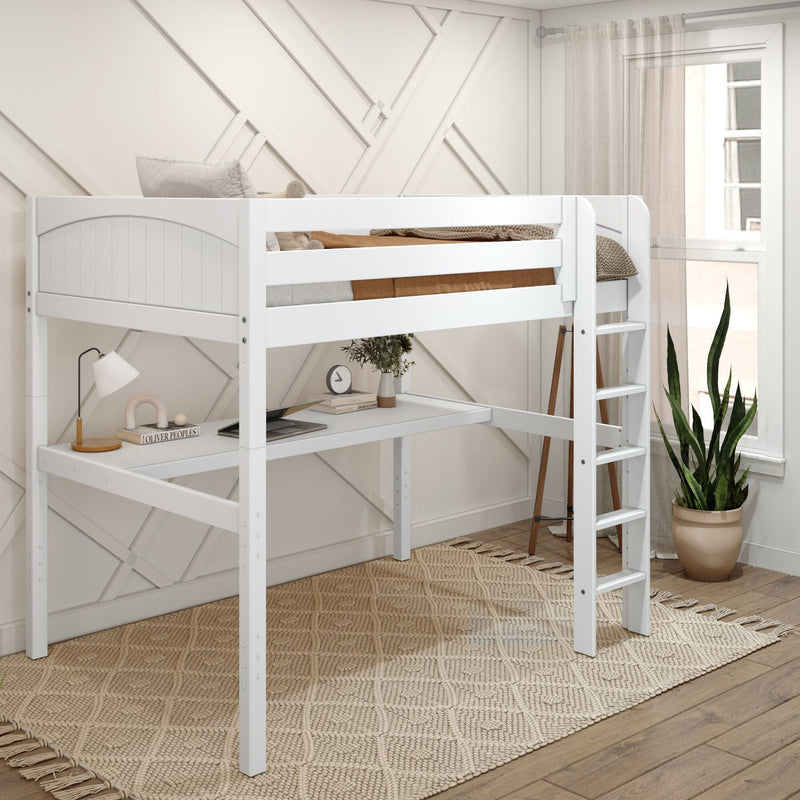 White loft bed with built-in desk and ladder in a modern neutral kids bedroom, textured beige rug, potted snake plant, geometric wall trim