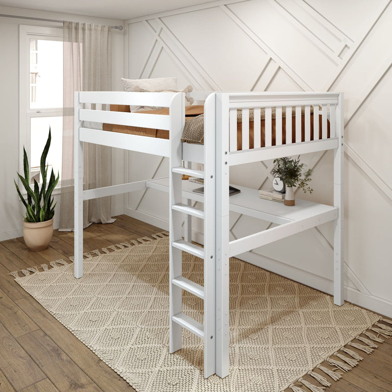 Modern white loft bed with ladder and under-desk in neutral kids bedroom, textured rug, potted snake plant, sheer curtains and geometric wall paneling