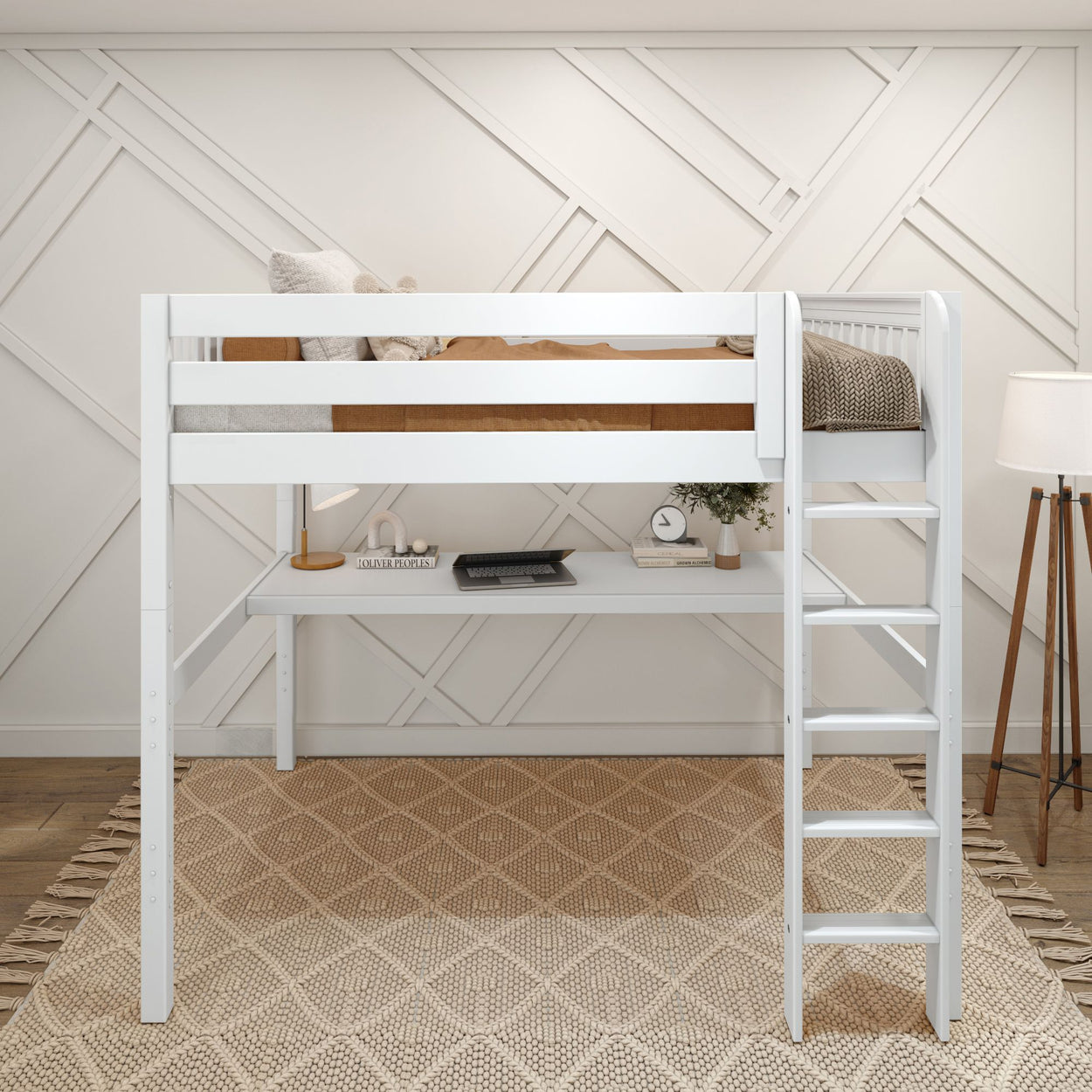 White loft bed with built-in desk and ladder in modern bedroom setting.