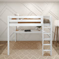 White wooden loft bed with built-in desk and ladder in a neutral kids bedroom with beige textured rug and geometric wall paneling