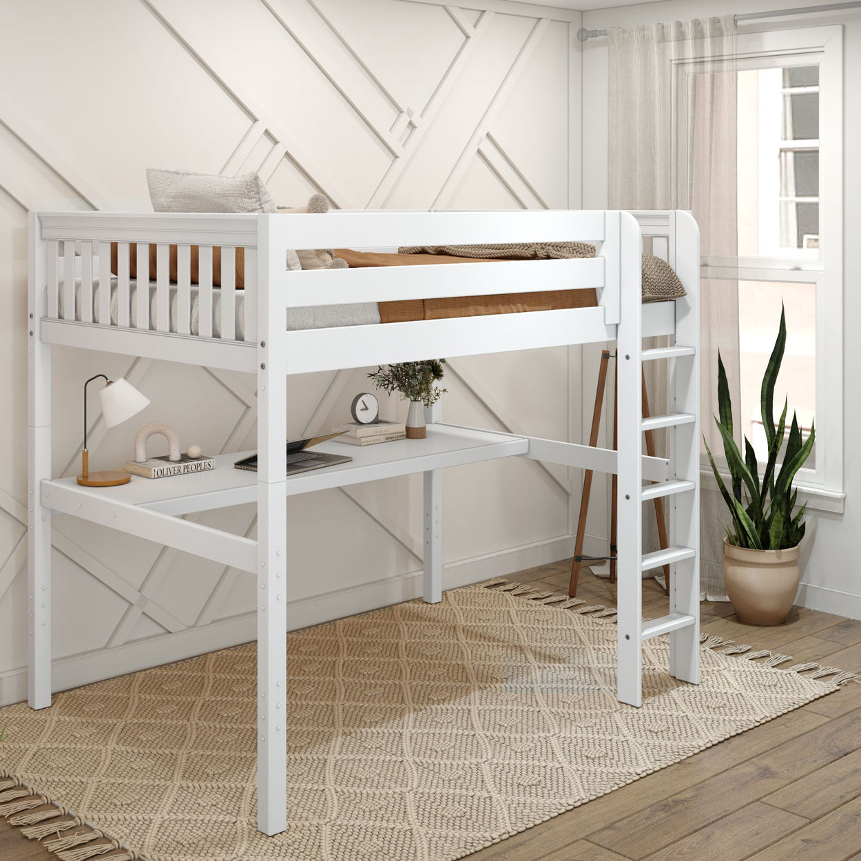 White loft bed with built-in desk and ladder, modern bedroom setup near window with natural light.