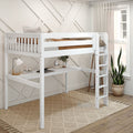 White twin loft bed with built-in desk and ladder in a modern neutral kids' bedroom, a space-saving study and storage solution