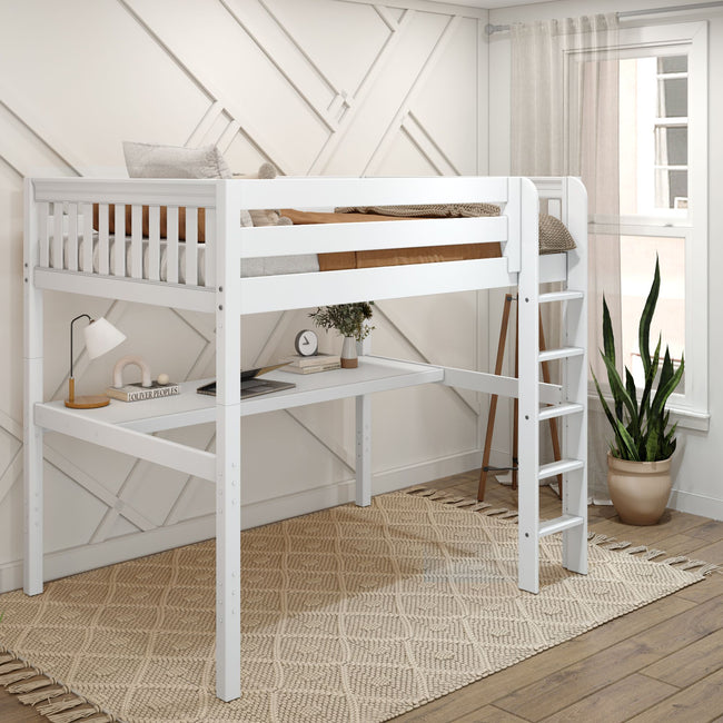 GRAND1 XL WS : Storage & Study Loft Beds Full XL High Loft Bed with Straight Ladder + Desk, Slat, White