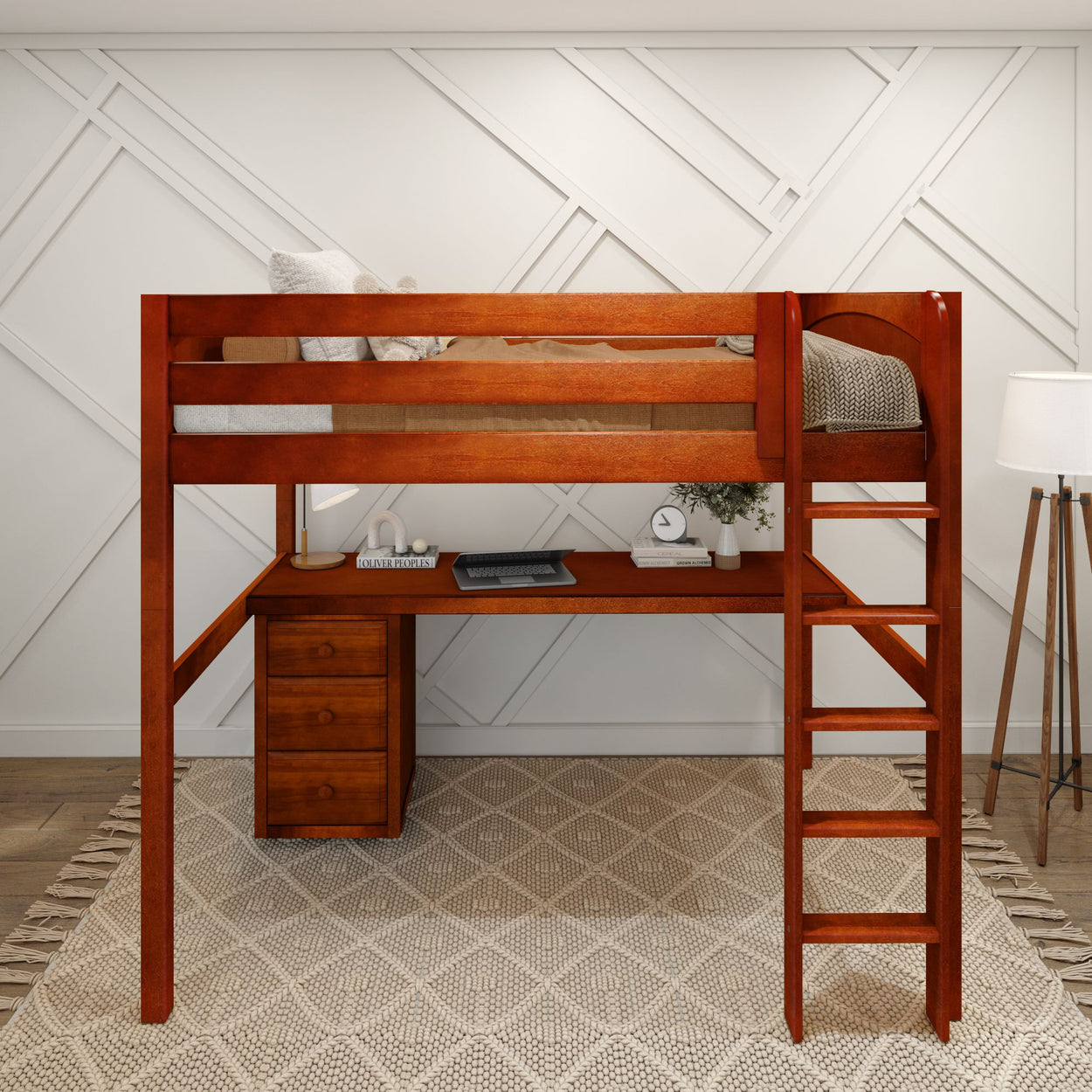 Loft bed with built-in desk and storage drawers in a modern bedroom setup.