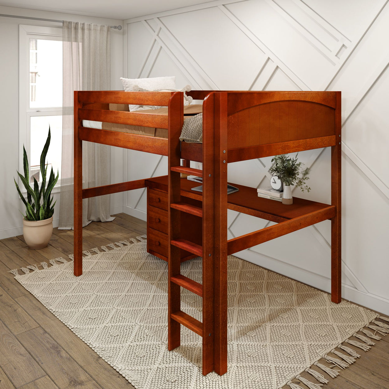 Wooden loft bed with ladder and storage drawers in modern bedroom.