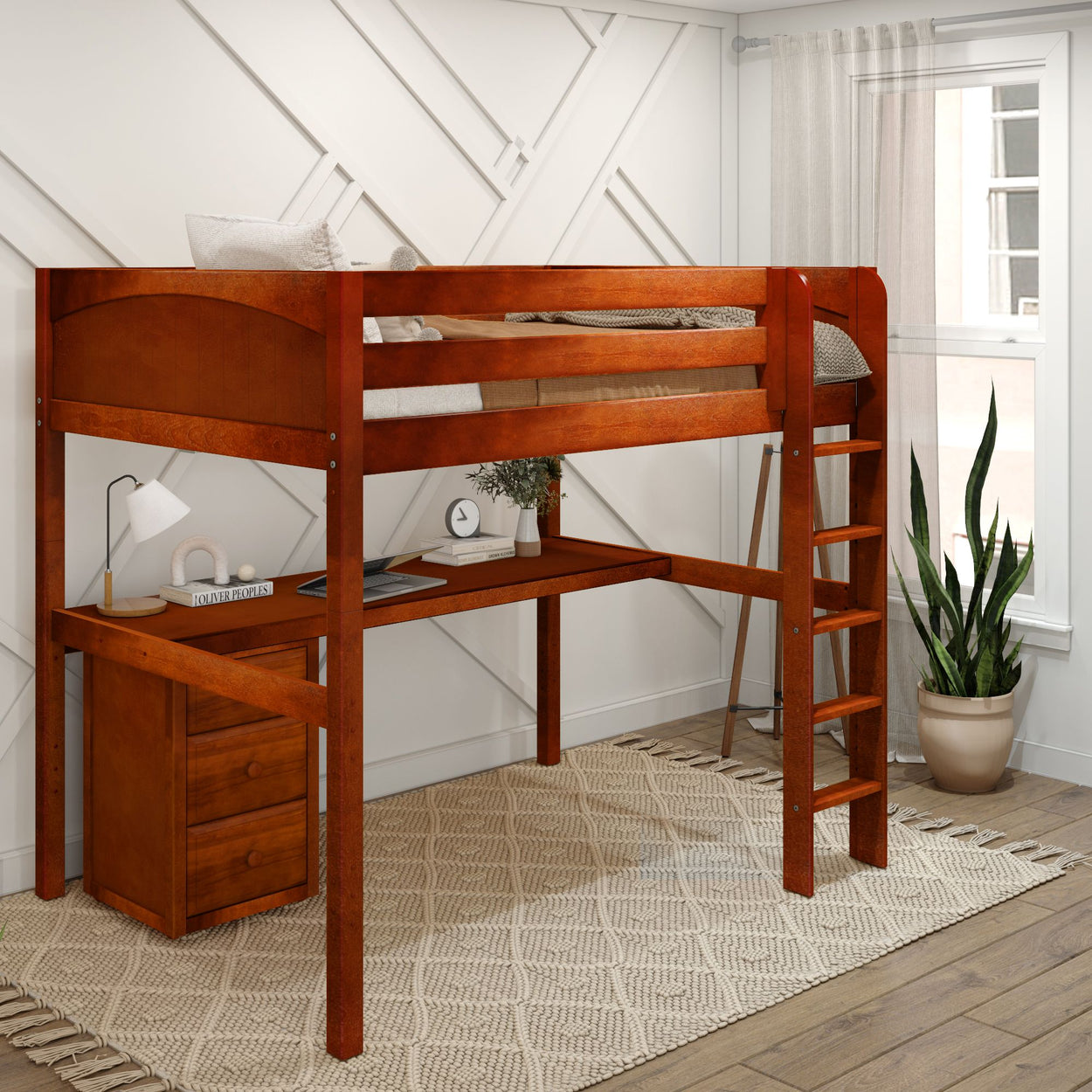 Loft bed with built-in desk and ladder in modern bedroom setup, featuring wooden design and natural light.