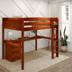 Loft bed with built-in desk and ladder in modern bedroom setup, featuring wooden design and natural light.