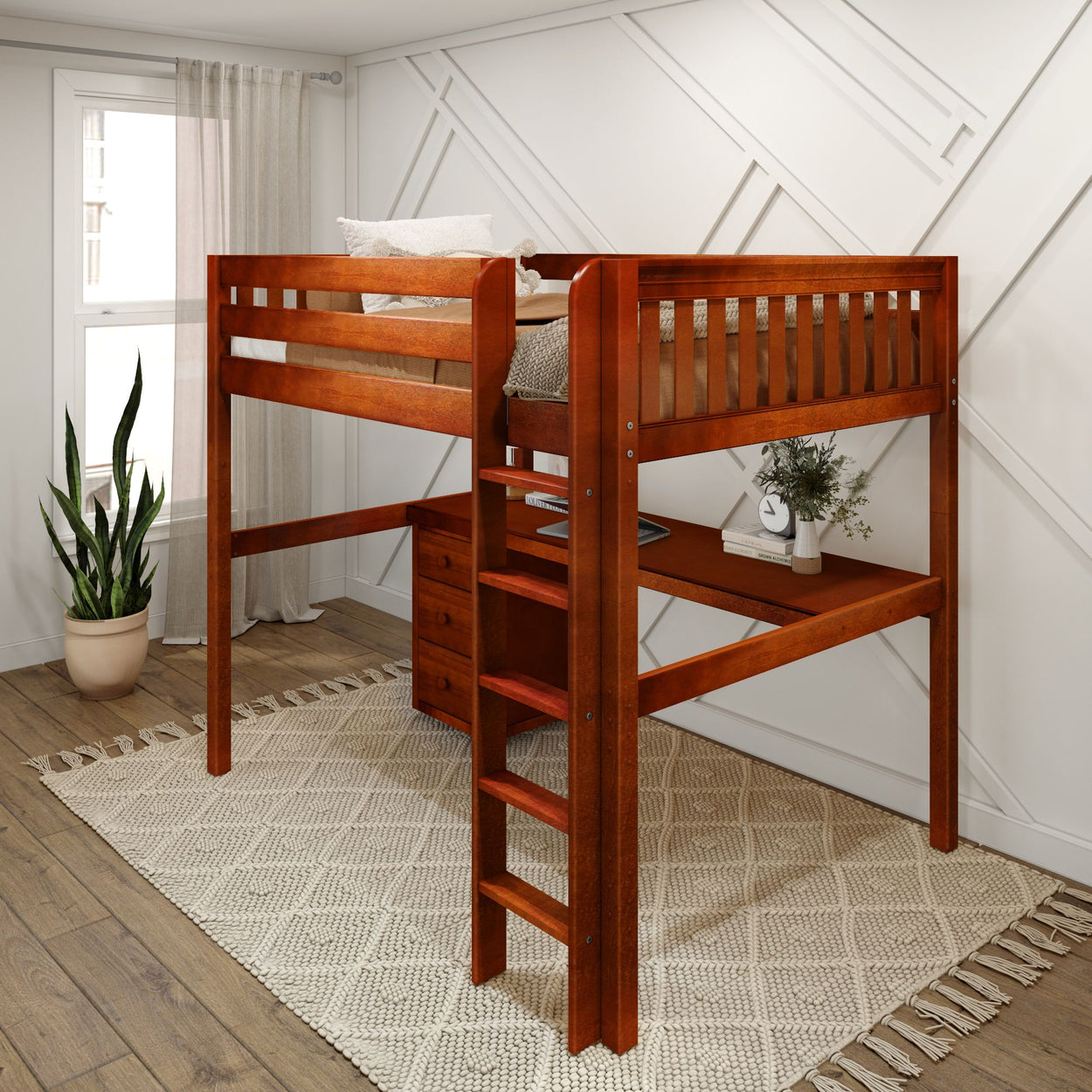 Wooden loft bed with built-in desk and storage, ideal for small spaces and kids' rooms.