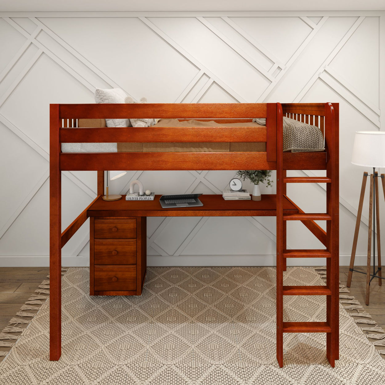 Wooden loft bed with built-in desk and ladder in modern bedroom setting.