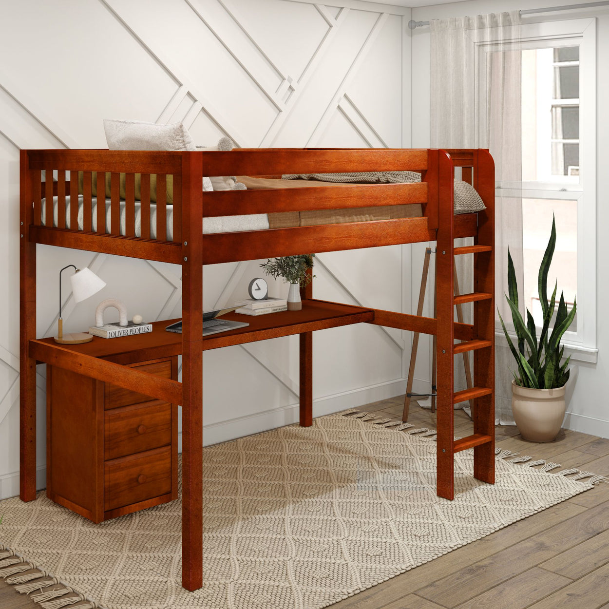 Wooden loft bed with workspace below, including a desk and storage drawers, in a modern bedroom setting with natural light and a stylish plant decor.