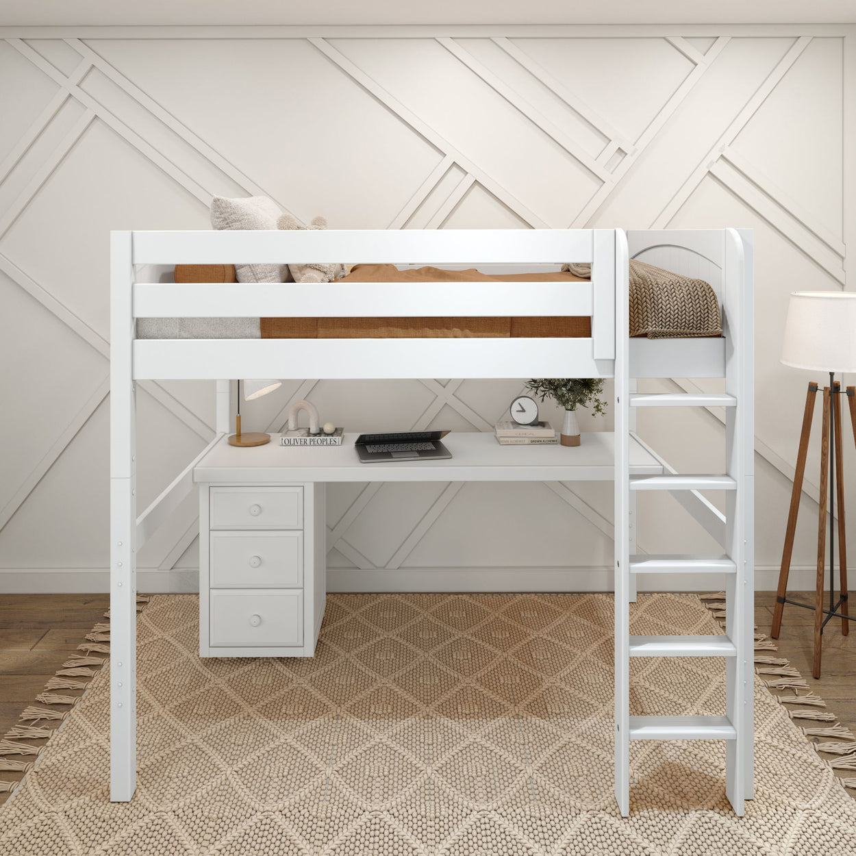 White loft bed with built-in desk and ladder in a modern bedroom.