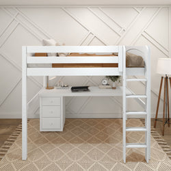 White loft bed with built-in desk and ladder in a modern bedroom.