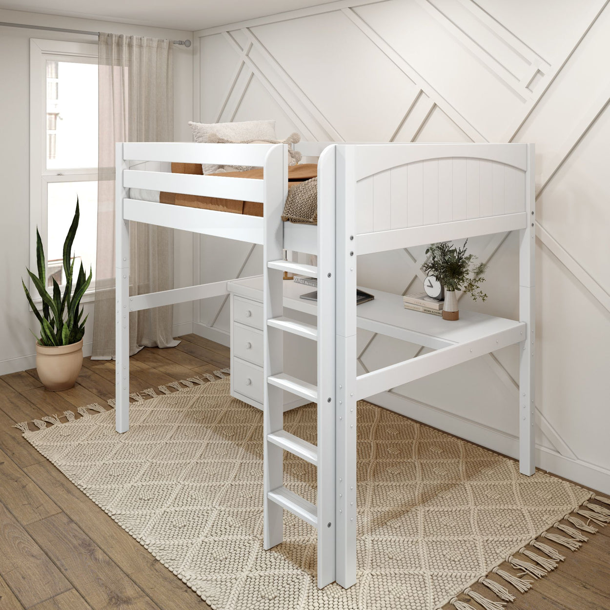 Stylish white loft bed in modern bedroom with wooden floors, a decorative rug, and indoor plant.