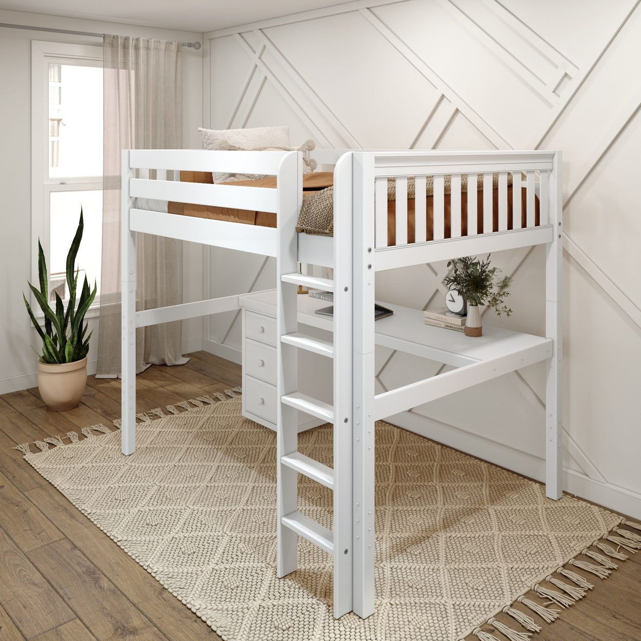 White wooden loft bed with ladder, integrated desk, and storage drawer in modern bedroom.