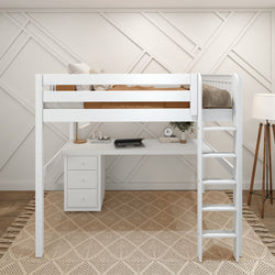 White loft bed with a built-in desk and ladder, placed in a modern bedroom with a geometric accent wall and neutral decor.