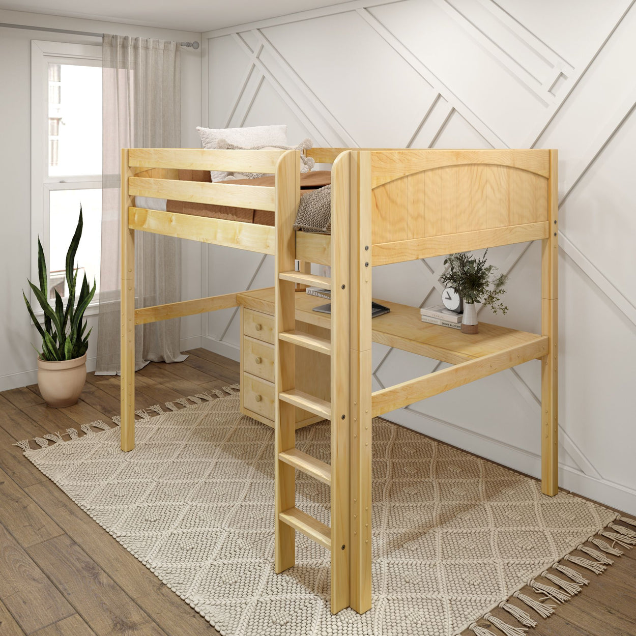 Wooden loft bed in modern bedroom with ladder, neutral decor, and potted plant on wooden floor.
