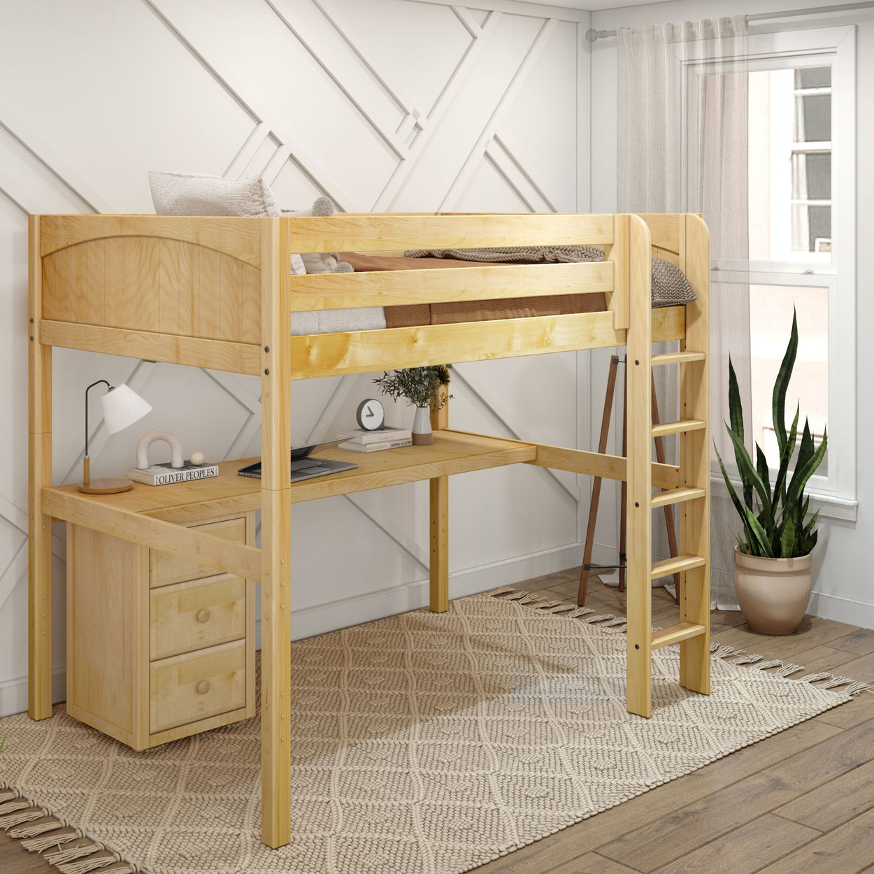 Wooden loft bed with ladder over desk in modern bedroom with natural light and decor.