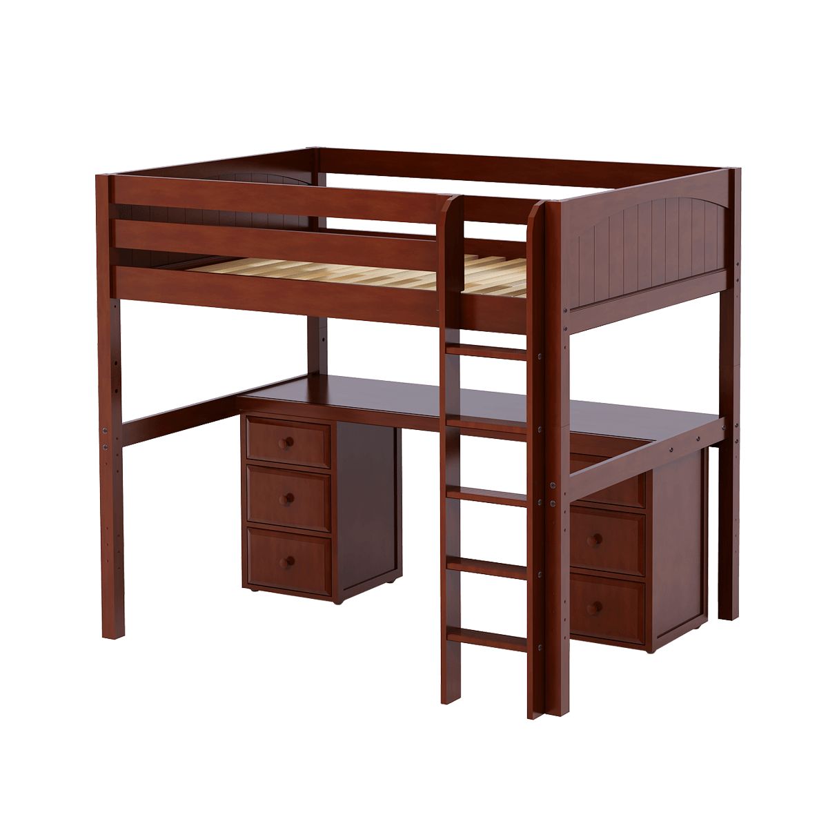 Wooden loft bed with ladder and built-in desk and drawers, ideal space-saving furniture for kids' rooms.