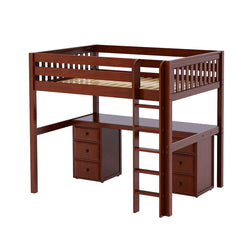 Wooden loft bed with built-in desk and drawers, ideal for maximizing small bedroom spaces.