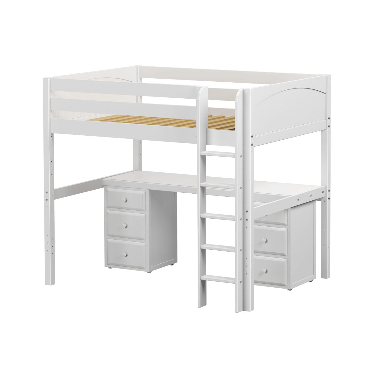 White wooden loft bed with integrated desk and storage drawers.