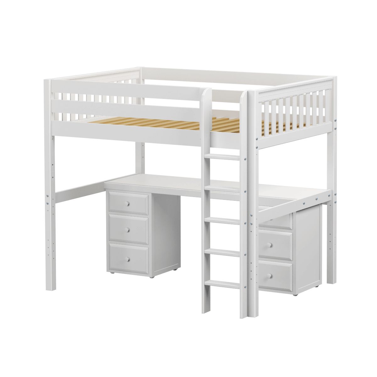White loft bed with integrated desk and drawers, featuring a sturdy ladder and space-saving design for small bedrooms.