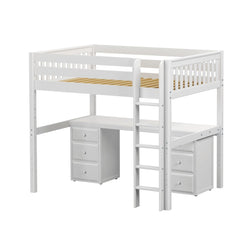 White loft bed with integrated desk and drawers, featuring a sturdy ladder and space-saving design for small bedrooms.