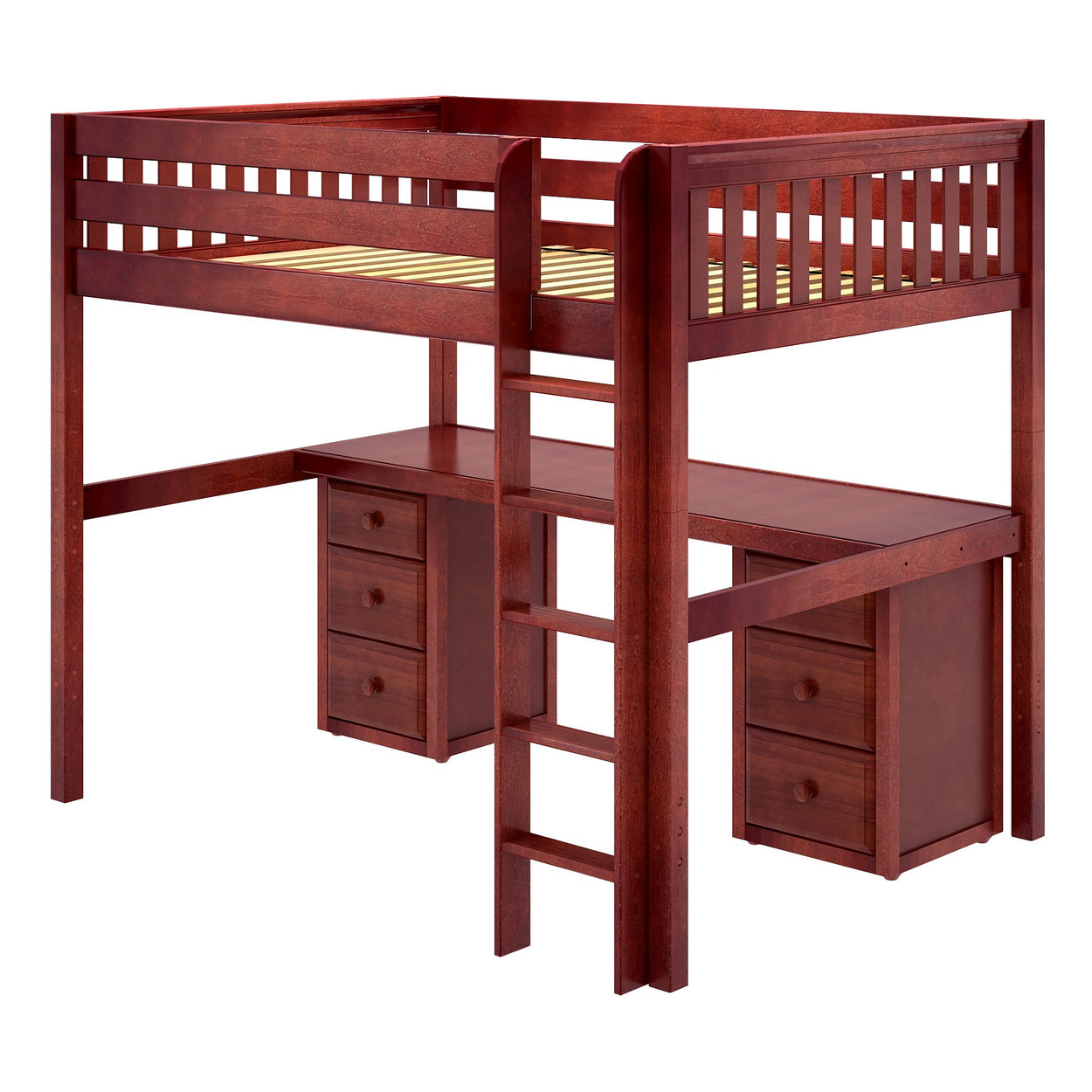 Wooden loft bed with built-in desk and storage drawers.