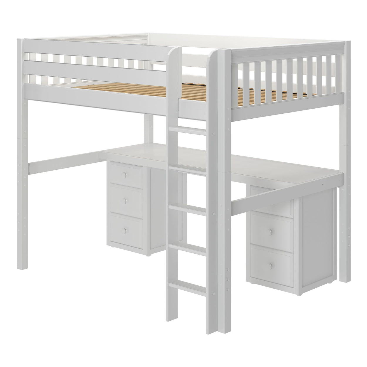 White loft bed with desk and drawers for space-saving bedroom furniture.