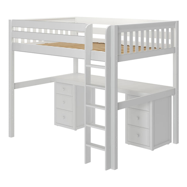 GRAND3 XL WS : Storage & Study Loft Beds Full XL High Loft Bed with Straight Ladder + Desk, Slat, White