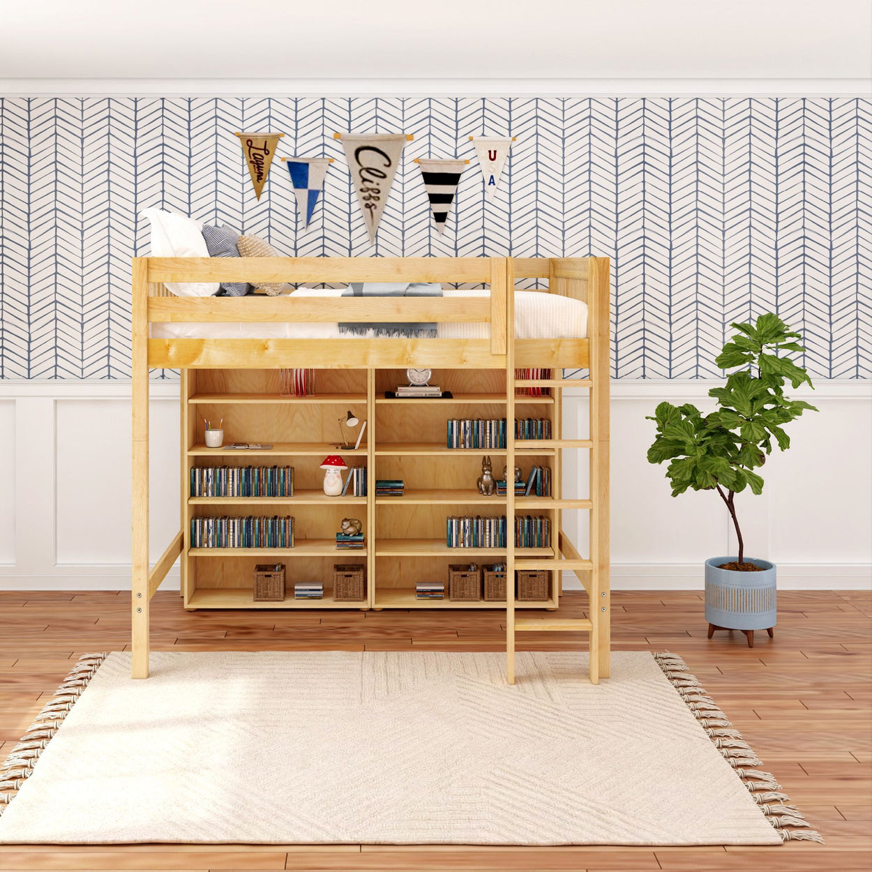 Wooden loft bed with integrated bookshelves in a modern kid's room featuring geometric wallpaper and a potted plant.