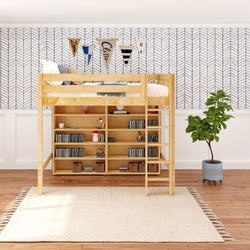 Wooden loft bed with integrated bookshelves in a modern kid's room featuring geometric wallpaper and a potted plant.