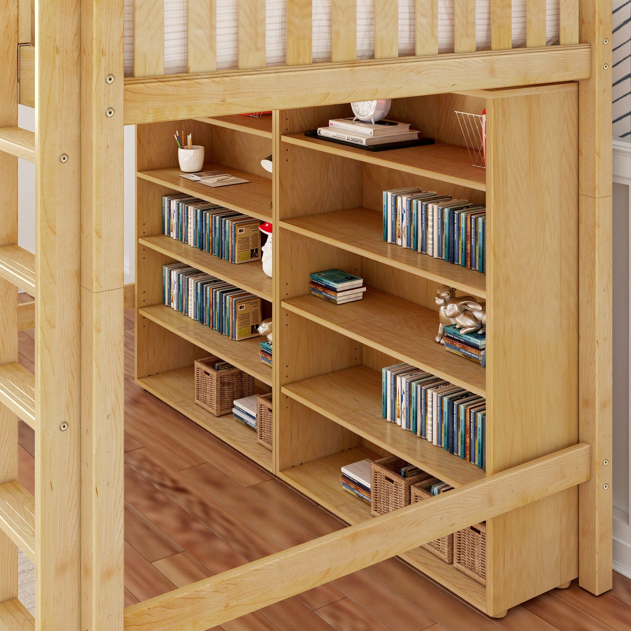 Wooden loft bed with integrated bookcase storage featuring books, baskets, and decorative items on wooden shelves.