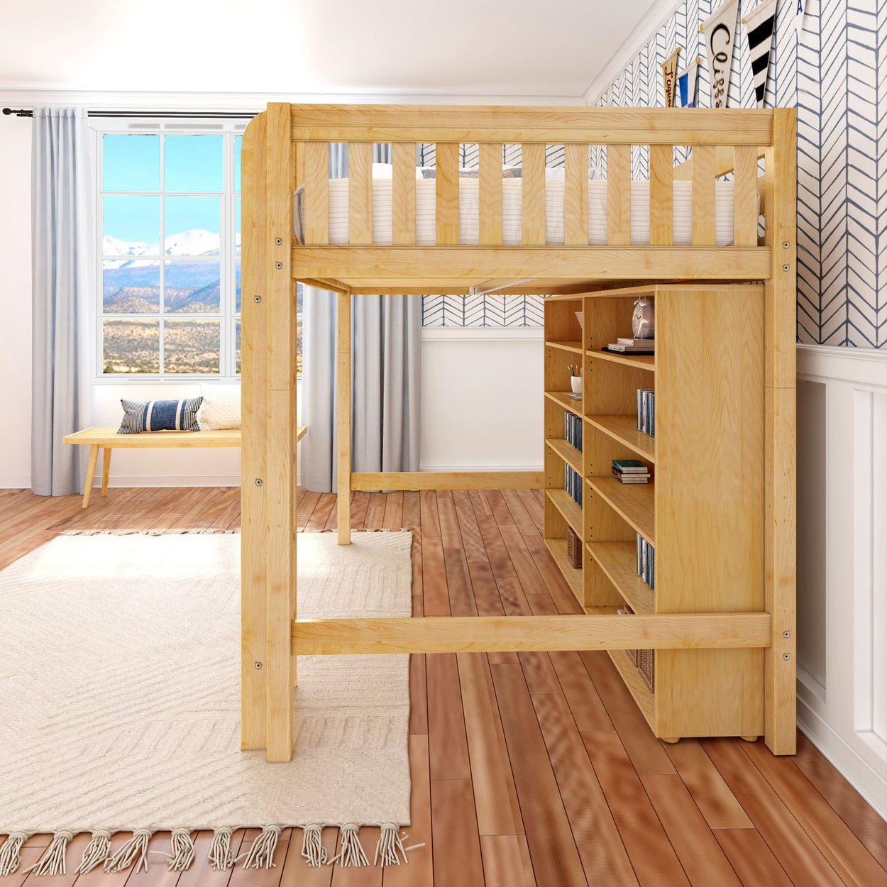 Wooden loft bed with built-in bookshelf in a modern kids' room featuring a large window and colorful decor.