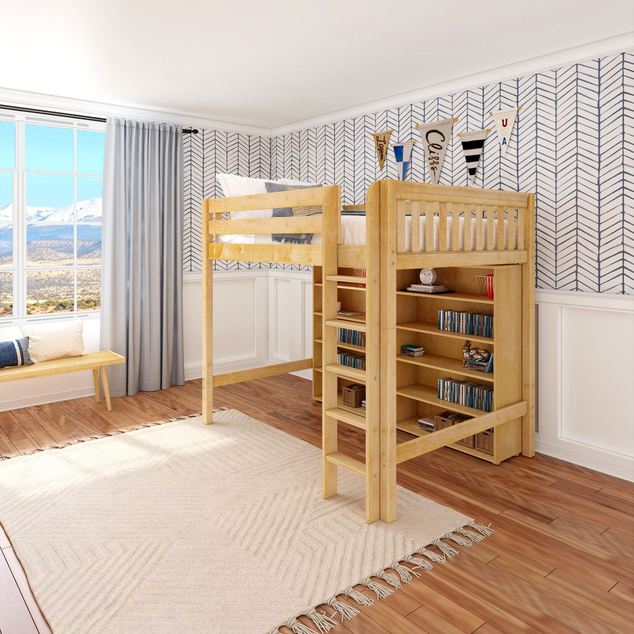 Modern kids room with wooden loft bed, bookshelf, and mountain view.