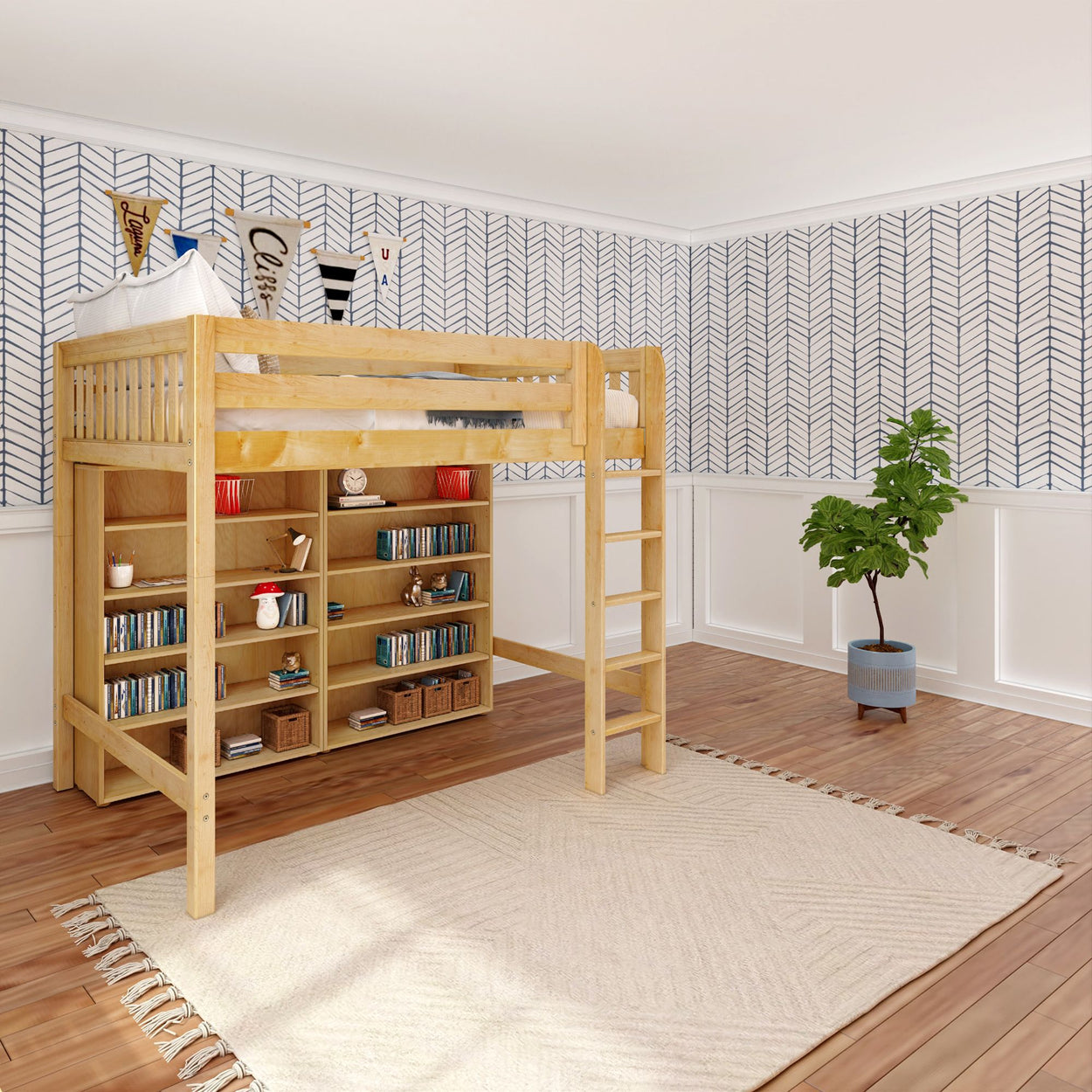 Kids' room with modern wooden loft bed featuring built-in bookshelf and playful decor against a stylish wallpaper backdrop.