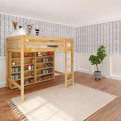 Kids' room with modern wooden loft bed featuring built-in bookshelf and playful decor against a stylish wallpaper backdrop.