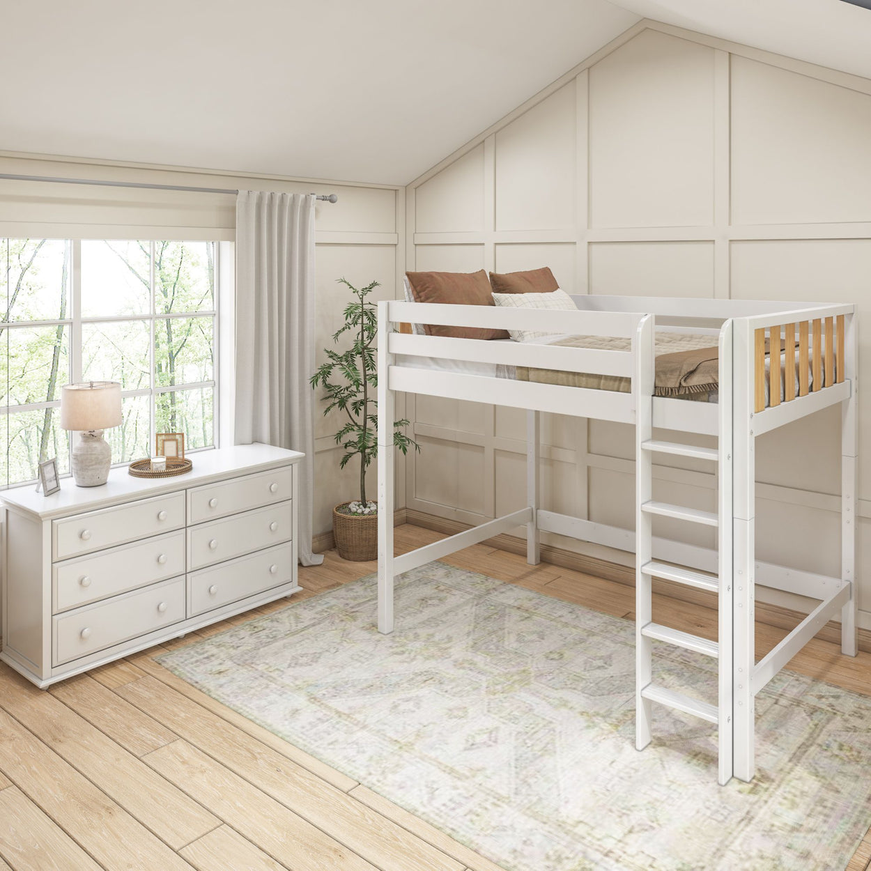 Loft bed in a cozy, light-filled bedroom with wooden floors and a white dresser.