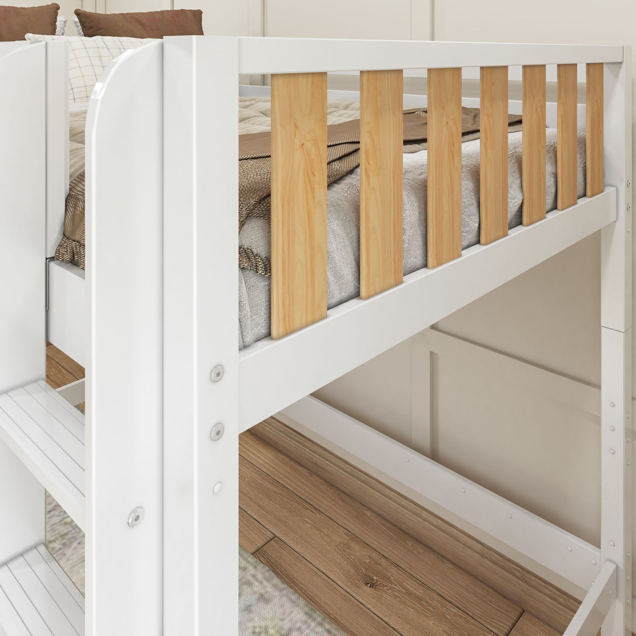 White bunk bed with wooden accents and cozy bedding in a modern bedroom setting.