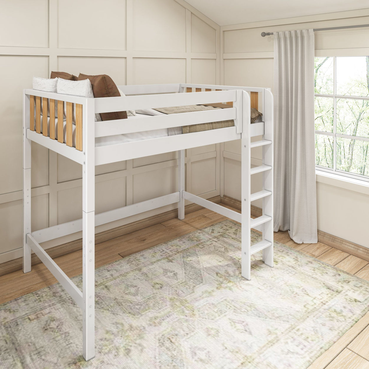 White loft bed with ladder in a cozy bedroom with wooden floor and large window.