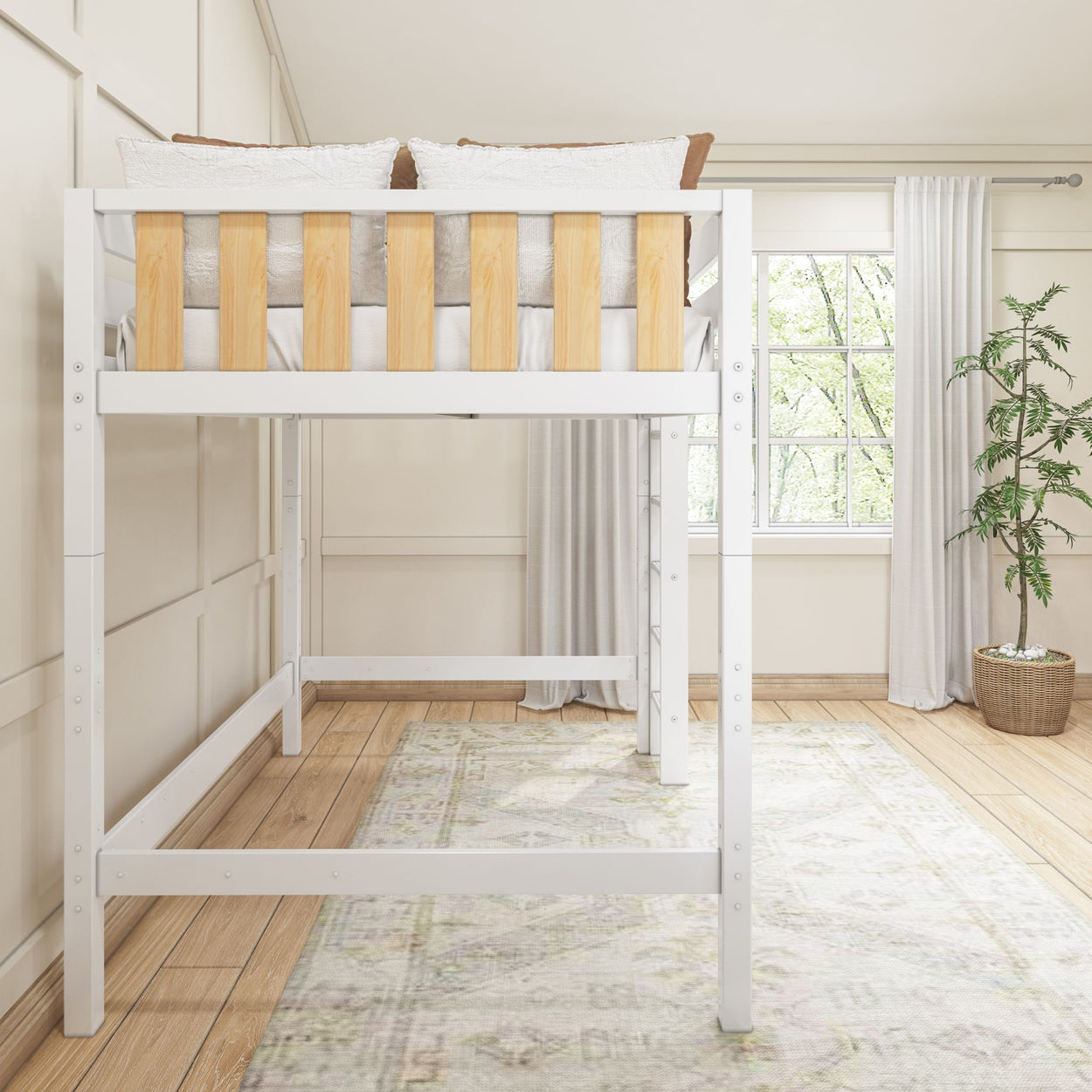 Loft bed with wooden accents in a bright minimalist bedroom featuring large windows, a decorative rug, and a potted plant.