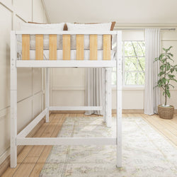 Loft bed with wooden accents in a bright minimalist bedroom featuring large windows, a decorative rug, and a potted plant.