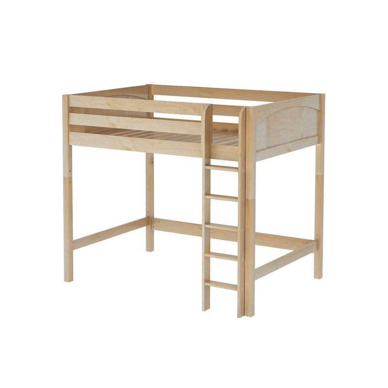 Light natural wood loft bed with ladder and guard rails, raised single bed space-saving design for kids and small bedrooms