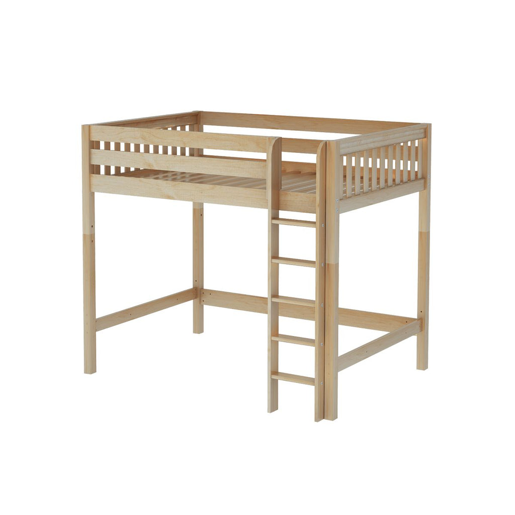 Light natural wood loft bed frame with built-in ladder, slatted guardrails and open under-bed space — space-saving kids' elevated bed