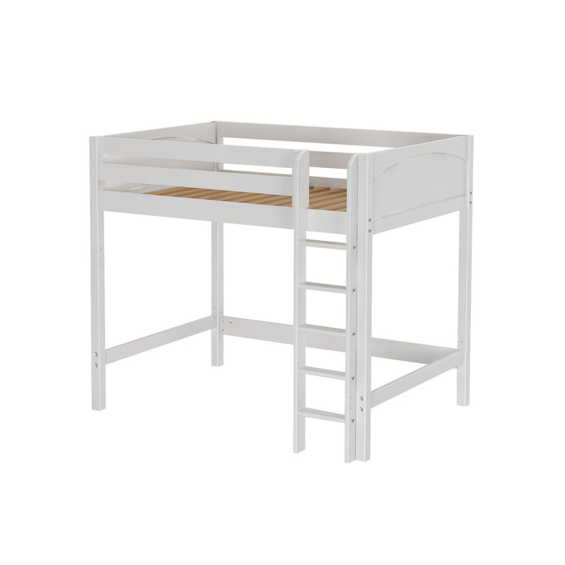 White wooden twin loft bed with ladder, safety rails and slatted mattress base, space-saving high sleeper bed for kids' bedroom
