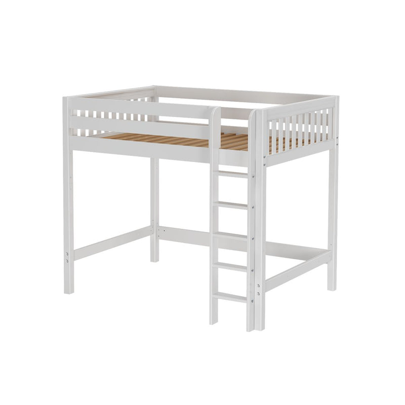 White wooden twin loft bed with ladder and slatted platform, space-saving kids high sleeper bed with safety rails